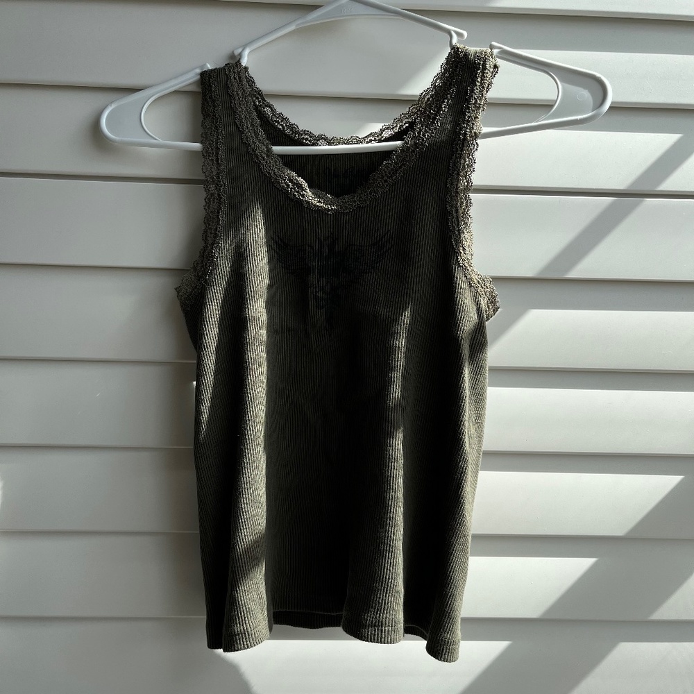 Brandy Melville Ribbed Lace Green Ronnie Tank Skull Wings
